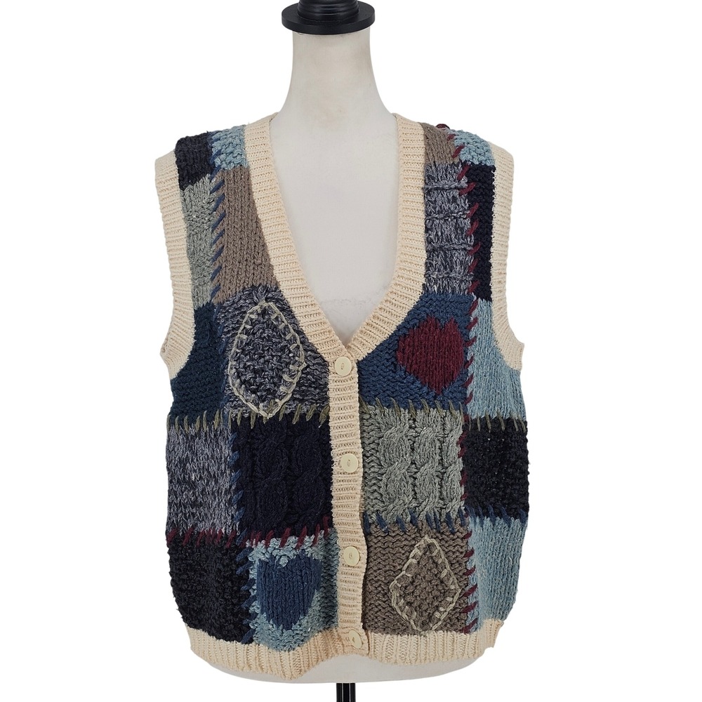 Vintage 90s Huntington Ridge Hand Knit Patchwork Sweater Vest M Cottagecore